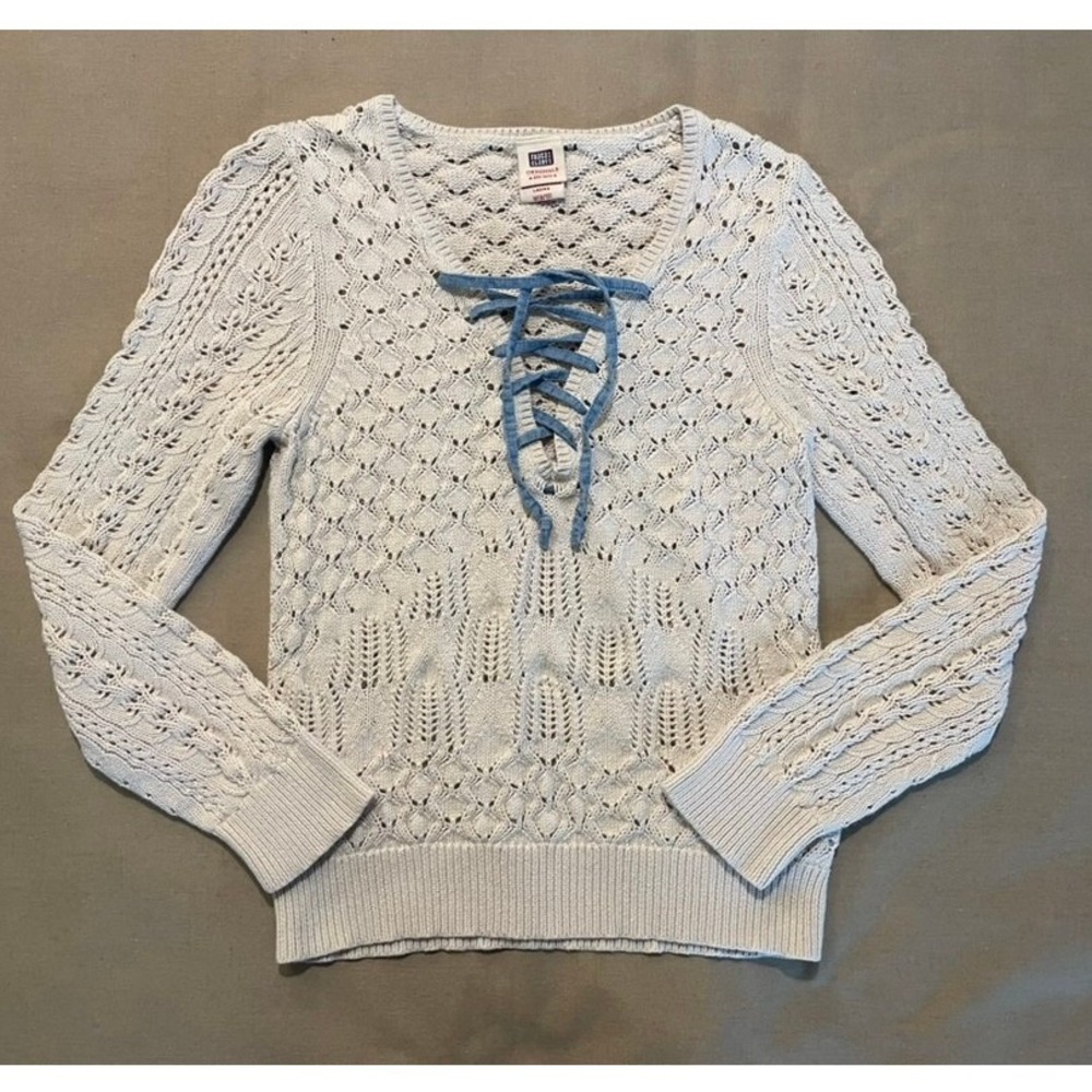 Faded Glory Vintage Y2K Sweater Women's M Cream Lace Up Front Grunge Fairycore - Picture 2 of 9
